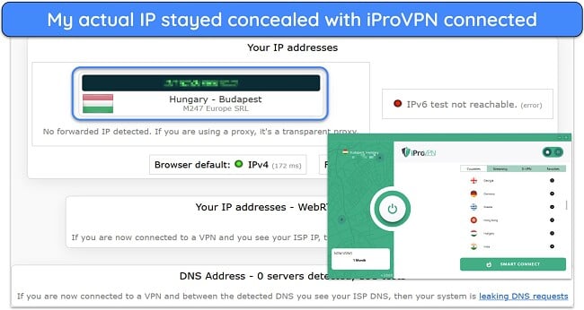 Screenshot showing my masked IP and DNS while linked to iProVPN's Hungary server