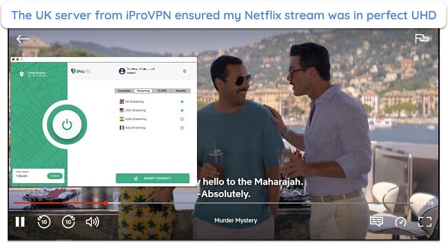 Screenshot shows iProVPN successfully allowing me to watch Netflix UK content