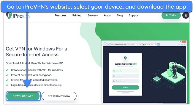 Screenshot showing the direct download link for the IProVPN Windows app on the official page