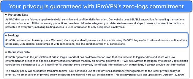 Screenshot showing IProVPN's privacy policy where it assures users of its no-log procedures