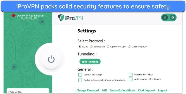 Screenshot showing various security settings available in the IProVPN app for Windows users