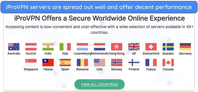 Screenshot illustrating iProVPN's extensive server locations worldwide