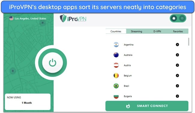 Screenshot of iProVPN Windows app's interface