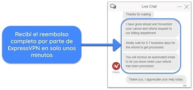 Captura de pantalla de un usuario que solicita con éxito un reembolso de ExpressVPN a través del chat en vivo con la garantía de devolución de dinero de 30 días