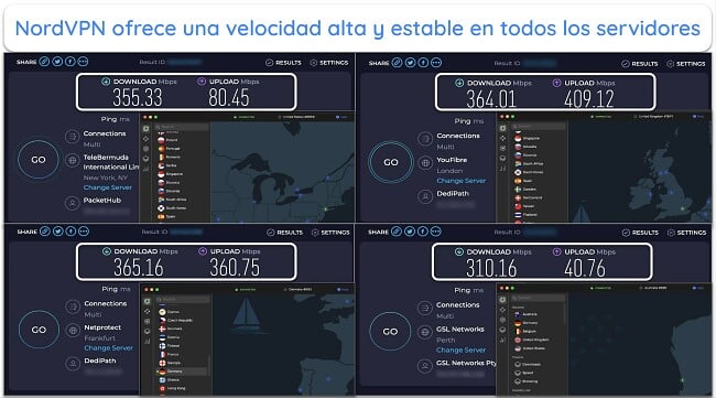 Captura de pantalla de los resultados de las pruebas de velocidad de NordVPN en el Reino Unido, Francia, Nueva Zelanda y EE. UU.