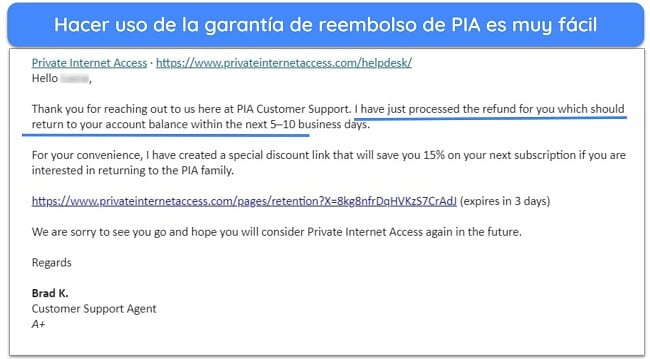 Captura de pantalla de un representante de Private Internet Access aprobando un reembolso utilizando la garantía de devolución de dinero por correo electrónico