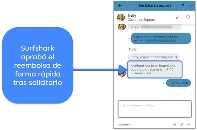 Captura de pantalla de un usuario que solicita con éxito un reembolso a Surfshark a través del chat en vivo con la garantía de devolución de dinero de 30 días