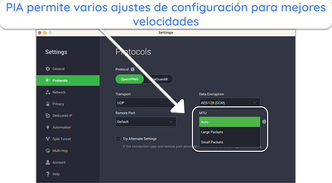 Captura de pantalla de los ajustes de la aplicación PIA para la selección de tamaño de paquete