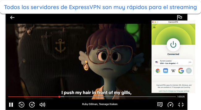 Captura de pantalla de Ruby Gillman, Teenage Kraken jugando en Netflix mientras ExpressVPN está conectado a un servidor en EE. UU.