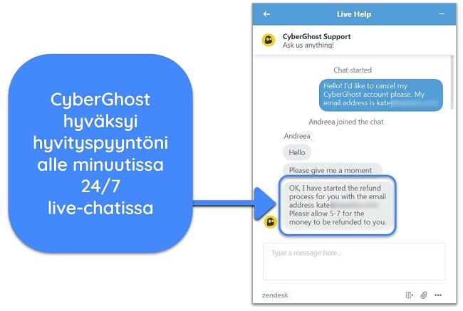 Kuvakaappaus käyttäjästä, joka pyysi onnistuneesti hyvitystä CyberGhostilta live-chatin kautta 45 päivän rahat takaisin -takuulla