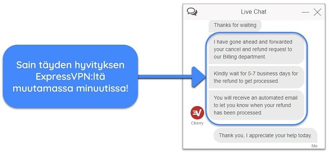 Kuvakaappaus käyttäjästä, joka pyytää onnistuneesti hyvitystä ExpressVPN:ltä live-chatin kautta 30 päivän rahat takaisin -takuulla