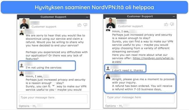 Kuvakaappaus käyttäjästä, joka pyysi hyvitystä NordVPN:ltä live-chatin kautta 30 päivän rahat takaisin -takuulla