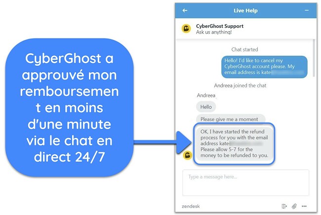 Capture d écran d un utilisateur demandant avec succès un remboursement à CyberGhost via un chat en direct avec la garantie de remboursement de 45 jours