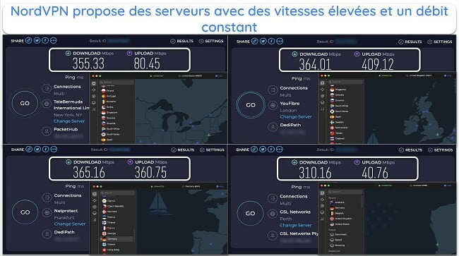 Capture d écran des résultats des tests de vitesse NordVPN au Royaume-Uni, en France, en Nouvelle-Zélande et aux États-Unis