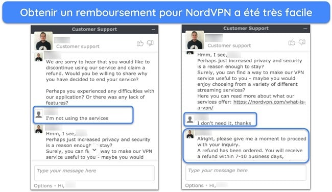 Capture d écran d un utilisateur demandant avec succès un remboursement à NordVPN via un chat en direct avec la garantie de remboursement de 30 jours