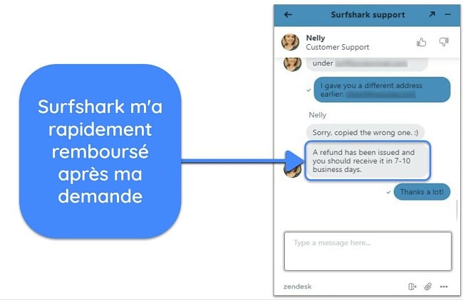 Capture d écran d un utilisateur demandant avec succès un remboursement à Surfshark via un chat en direct avec la garantie de remboursement de 30 jours