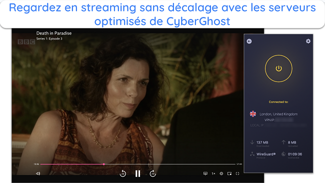 Capture d'écran de Death in Paradise en cours de lecture sur BBC iPlayer tandis que CyberGhost est connecté au serveur optimisé au Royaume-Uni