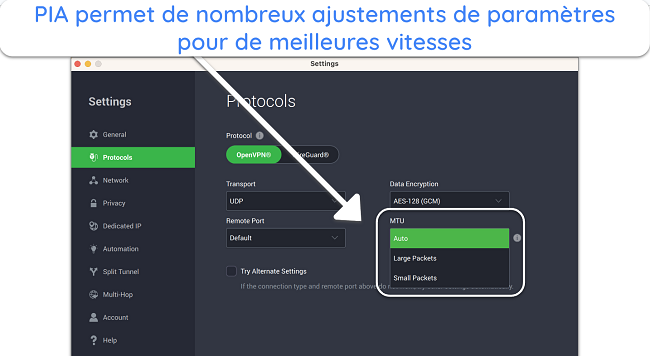 Capture d'écran des réglages de la taille des paquets dans l'appli PIA