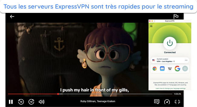 Capture d'écran de Ruby Gillman, Teenage Kraken sur Netflix alors qu'ExpressVPN est connecté à un serveur aux États-Unis