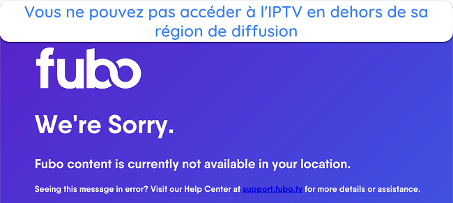 Capture d'écran du message de restriction géographique de fubo TV