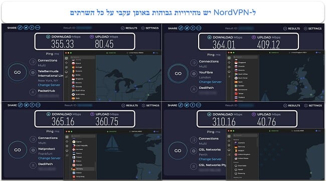 צילום מסך של תוצאות בדיקת המהירות של NordVPN בבריטניה, צרפת, ניו זילנד וארה\