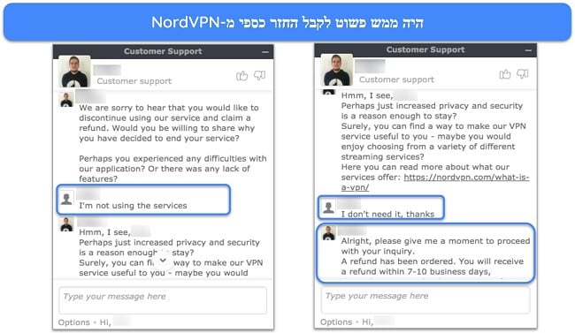 צילום מסך של משתמש המבקש בהצלחה החזר מ-NordVPN בצ\'אט חי עם ערבות להחזר הכסף של 30 יום