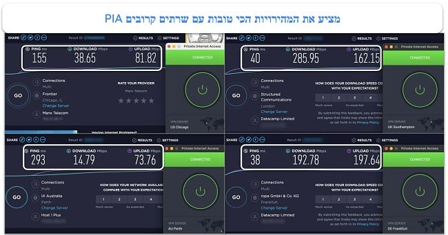 צילום מסך של מבחני מהירות גישה לאינטרנט פרטי המציגים שרתים בארה\