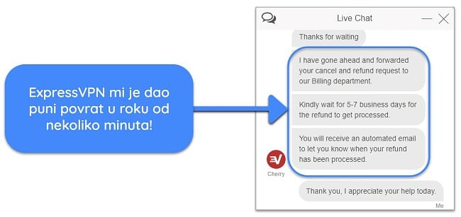 Snimka zaslona korisnika koji je uspješno zatražio povrat od ExpressVPN-a putem live chata uz 30-dnevno jamstvo povrata novca