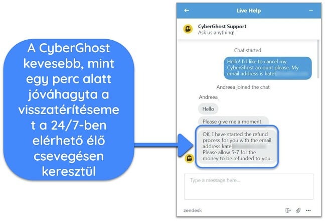 Képernyőkép egy felhasználóról, aki sikeresen visszatérítést kér a CyberGhosttól élő csevegésen keresztül, 45 napos pénz-visszafizetési garanciával