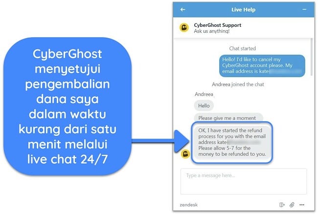 Tangkapan layar pengguna yang berhasil meminta pengembalian dana dari CyberGhost melalui obrolan langsung dengan jaminan uang kembali 45 hari