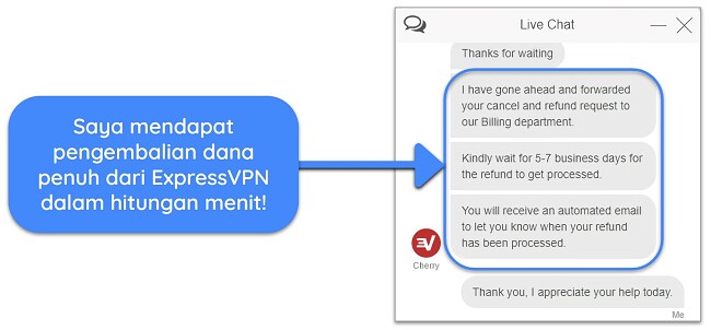 Tangkapan layar pengguna yang berhasil meminta pengembalian dana dari ExpressVPN melalui obrolan langsung dengan jaminan uang kembali 30 hari