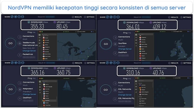 Tangkapan layar hasil tes kecepatan NordVPN di Inggris, Prancis, Selandia Baru, dan AS