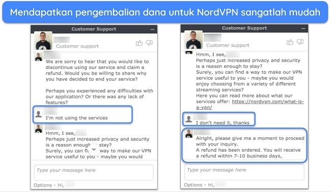 Tangkapan layar pengguna yang berhasil meminta pengembalian dana dari NordVPN melalui live chat dengan jaminan uang kembali 30 hari