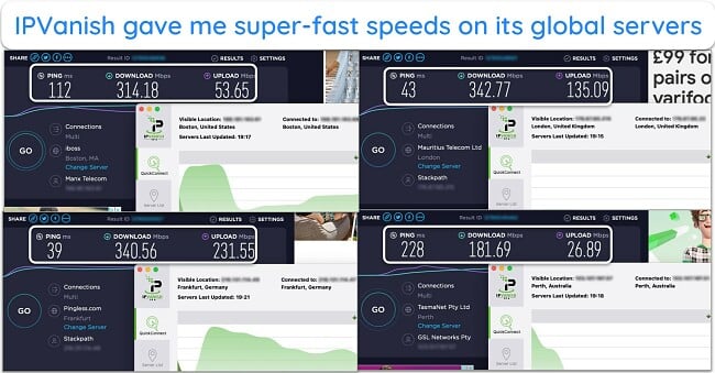 Screenshot of IPVanish speed tests showing servers in the US, UK, Germany, and Australia