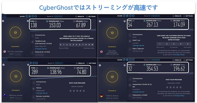 米国、英国、オーストラリア、ドイツのサーバーを示す Cyber​​Ghost 速度テストのスクリーンショット