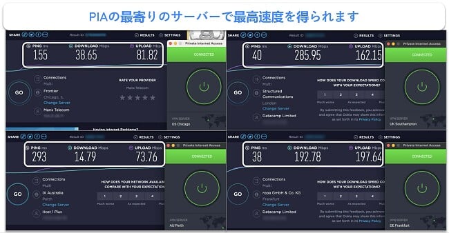 米国、英国、オーストラリア、ドイツのサーバーを示すプライベート インターネット アクセス速度テストのスクリーンショット