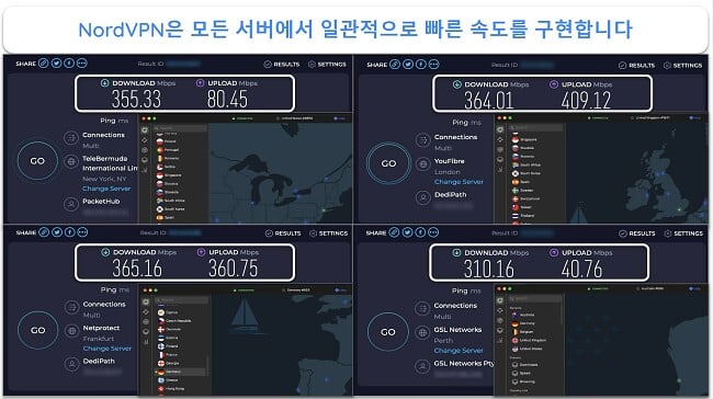 영국, 프랑스, ​​뉴질랜드, 미국의 NordVPN 속도 테스트 결과 스크린샷