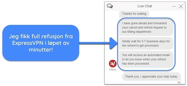 Skjermbilde av en bruker som har be om refusjon fra ExpressVPN over live chat med 30-dagers pengene-tilbake-garanti