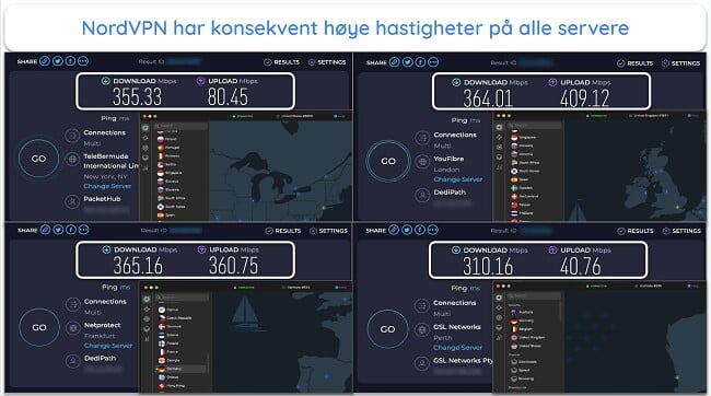 Skjermbilde av NordVPN-hastighetstestresultater i Storbritannia, Frankrike, New Zealand og USA