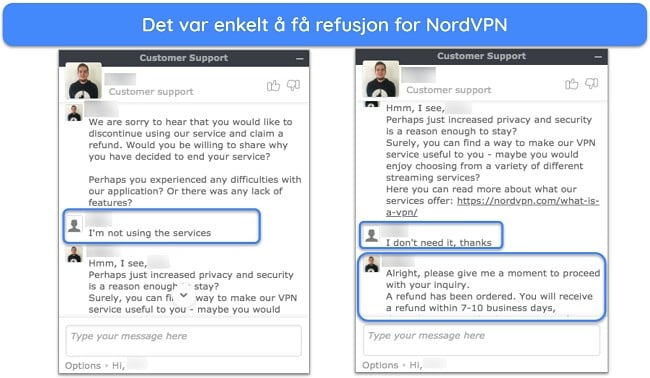 Skjermbilde av en bruker som har be om refusjon fra NordVPN over live chat med 30-dagers pengene-tilbake-garanti