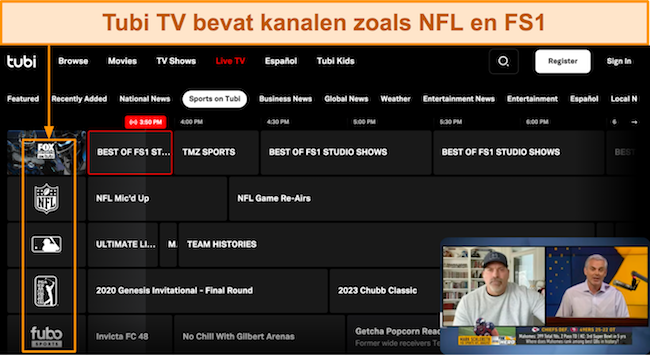 Screenshot van Tubi's Live TV-dashboard, met een stream op FS1