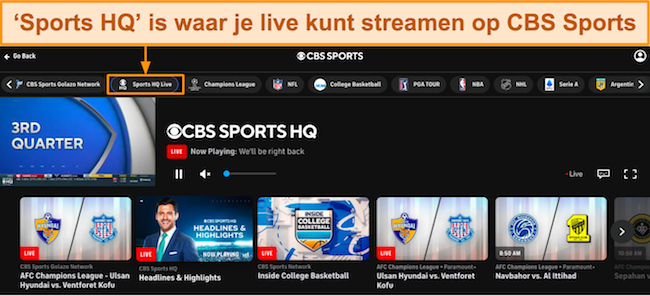 Screenshot van CBS Sports-inhoud die wordt weergegeven onder het gedeelte 'Sports HQ Live'