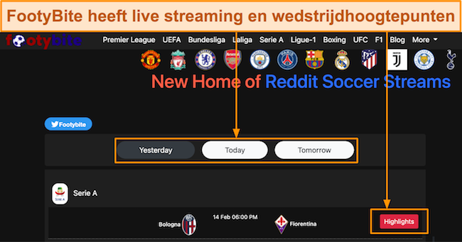 Schermafbeelding van de homepage van FootyBite, met hoogtepunten van voetbalwedstrijden op het tabblad 'Gisteren'