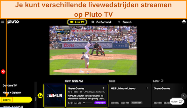 Screenshot van een MLB-game die live wordt gestreamd op Pluto TV