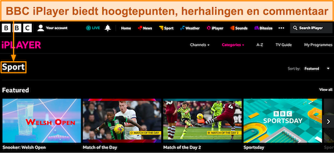 Schermafbeelding van het dashboard van BBC iPlayer, met inhoud die beschikbaar is in de categorie Sport