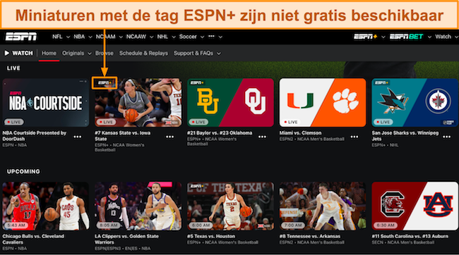 Screenshot van de thuisinterface van ESPN met livestreams van meerdere sportkanalen