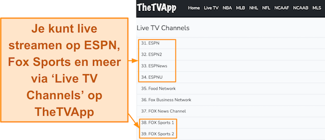 Schermafbeelding van het dashboard van TheTVApp met de lijst met live tv-kanalen