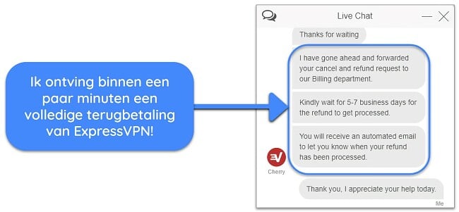 Schermafbeelding van een gebruiker die met succes een terugbetaling aanvraagt ​​bij ExpressVPN via livechat met de 30 dagen geld-terug-garantie