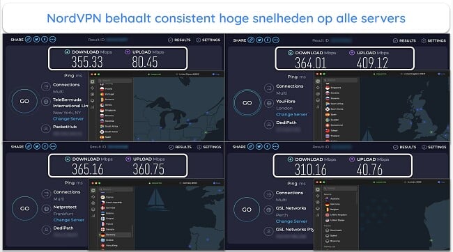 Screenshot van NordVPN-snelheidstestresultaten in het VK, Frankrijk, Nieuw-Zeeland en de VS