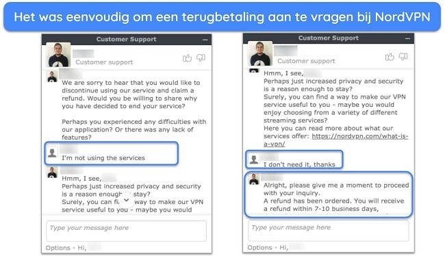 Schermafbeelding van een gebruiker die met succes een terugbetaling aanvraagt ​​bij NordVPN via livechat met de 30 dagen geld-terug-garantie